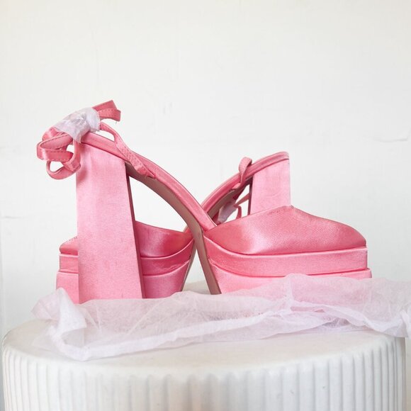 Simmi London Pink Satin Platform Chunky Heel Closed Toe with Buckle Ankle Strap - Picture 6 of 16